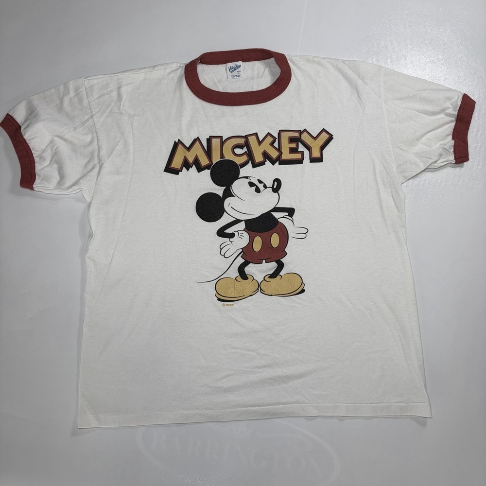 Vintage‎ 80s Mickey Mouse Ringer T Shirt Men Large Velva Sheen USA White Disney - Picture 2 of 9